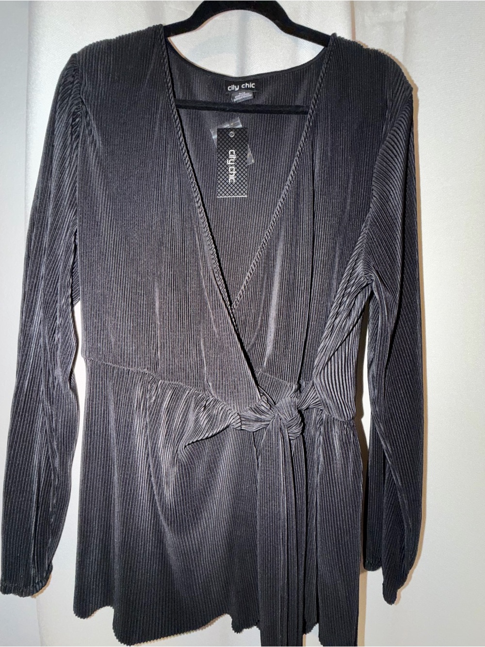 City Chic Black Pleated V-Neck Wrap Blouse